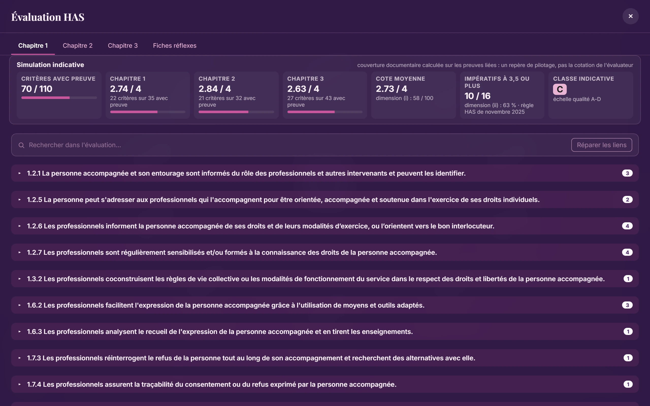 Écran Évaluation HAS : la simulation indicative de couverture documentaire par chapitre et la liste des critères cotés