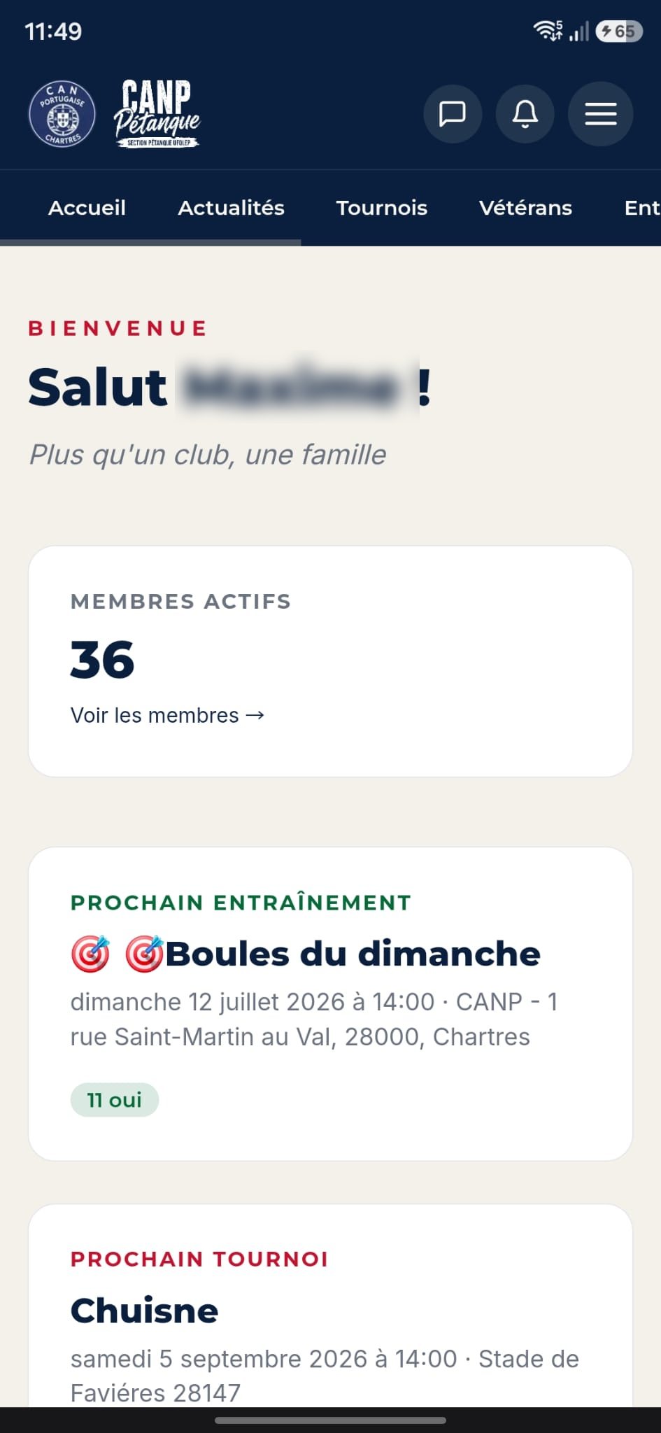 Écran d'accueil de l'application du club