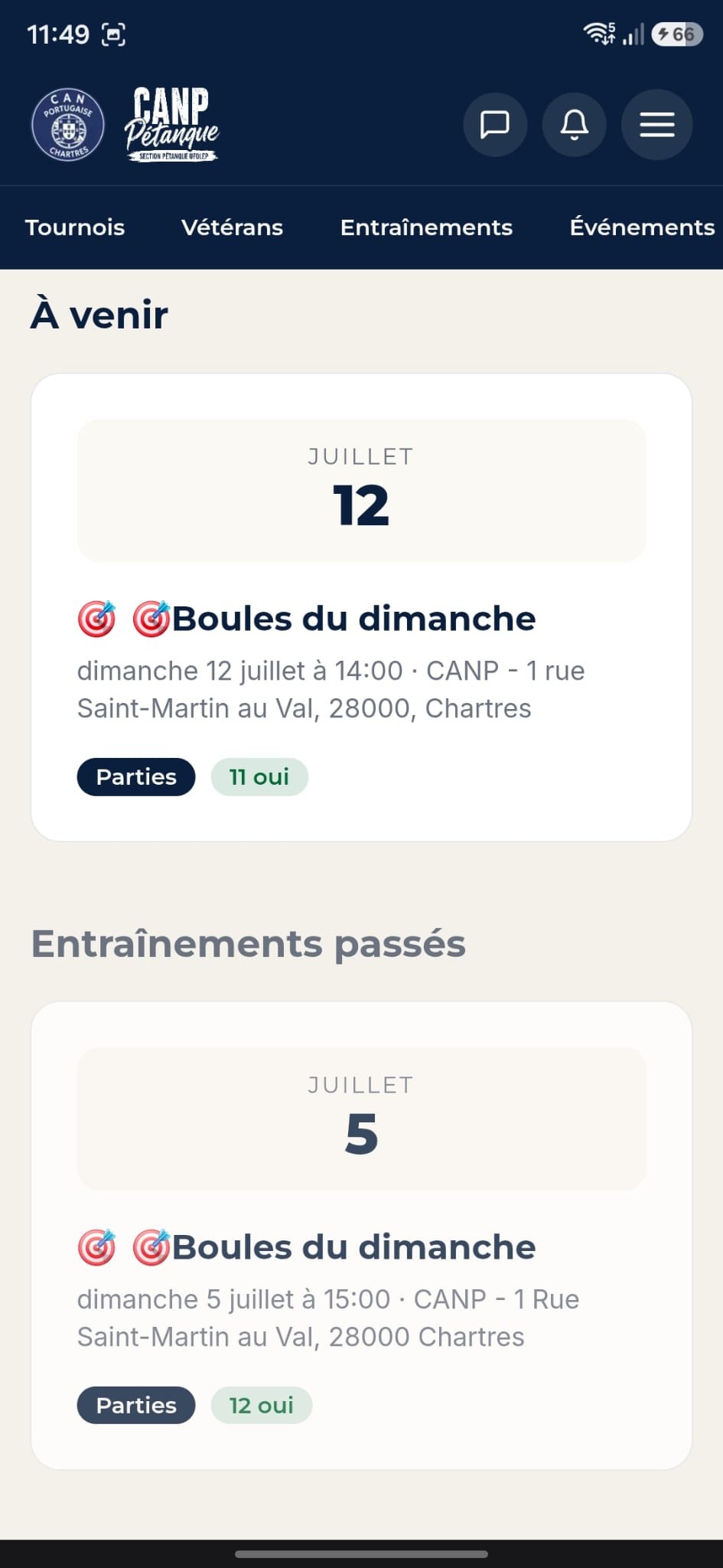 Liste des entraînements à venir et passés avec participation