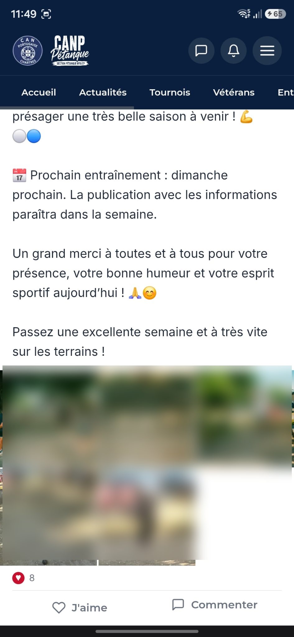 Fil d'actualité du réseau social du club de pétanque