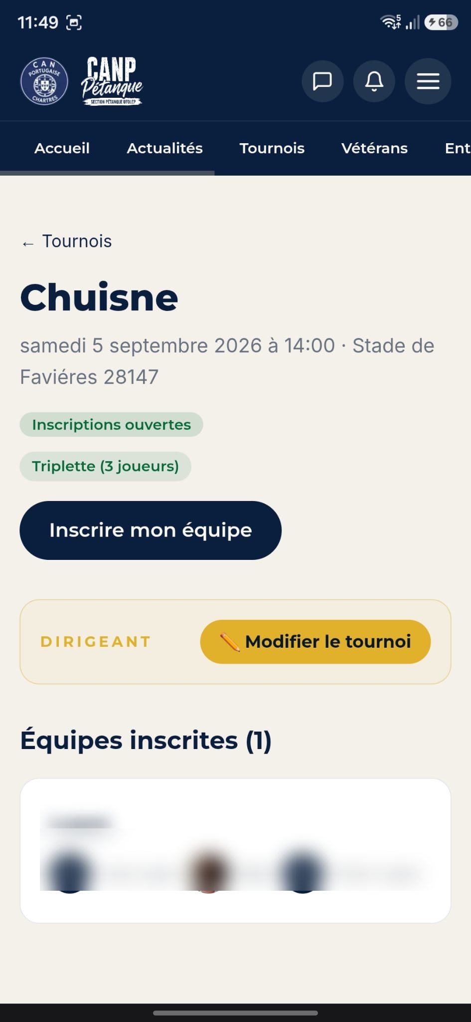Page d'un tournoi avec inscription d'équipe