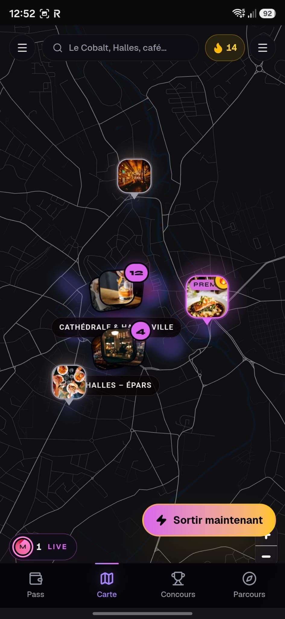 Carte en direct des soirées et bars de Chartres avec pastilles d'événements